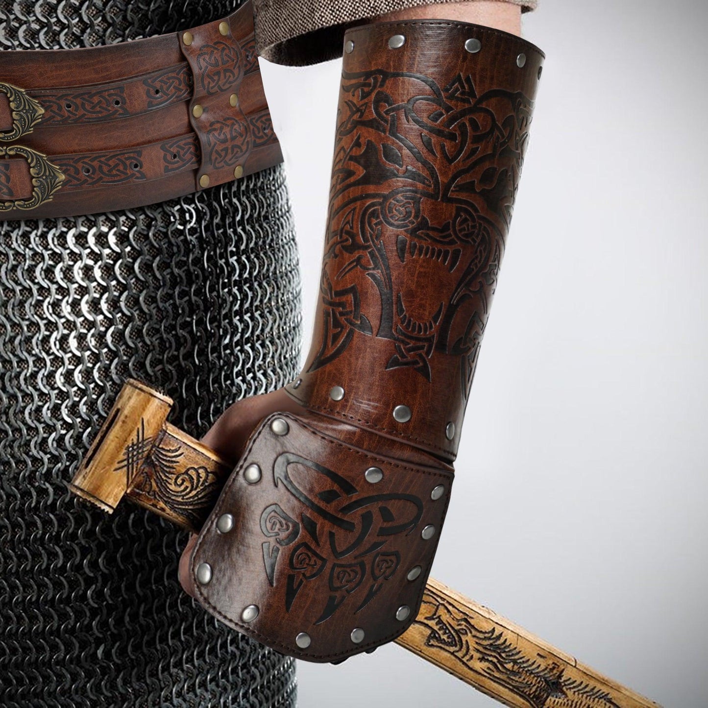 HiiFeuer Viking Fenrir Gauntlet, Medieval Faux Leather Arm Armor Knight Bracer, LARP Halloween Costume