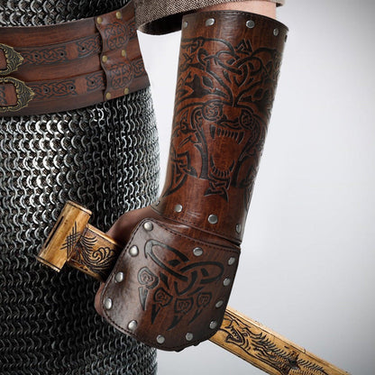 HiiFeuer Viking Fenrir Gauntlet, Medieval Faux Leather Arm Armor Knight Bracer, LARP Halloween Costume