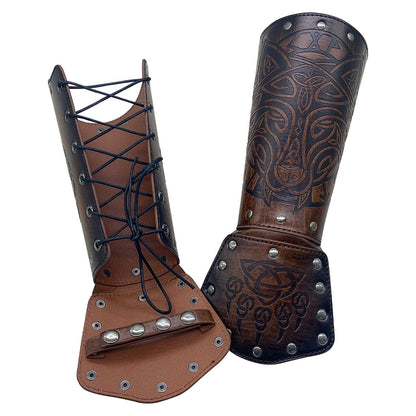 HiiFeuer Viking Fenrir Gauntlet, Medieval Faux Leather Arm Armor Knight Bracer, LARP Halloween Costume