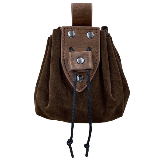 Medieval brown suede pouch with leather flap and drawstring, cosplay coin bag accessory