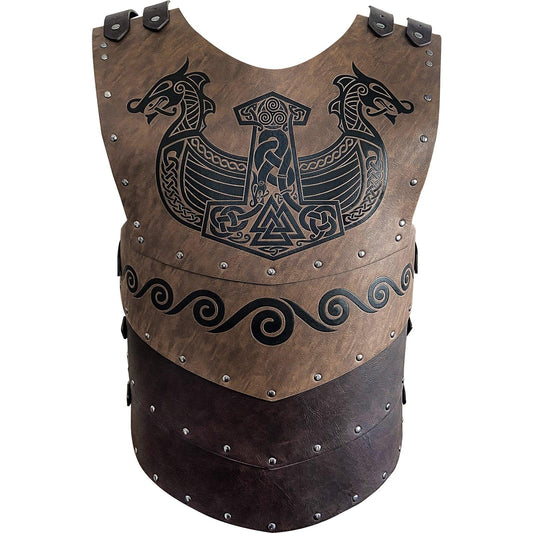 Medieval Viking leather chest armor with Norse dragon ship and knotwork design