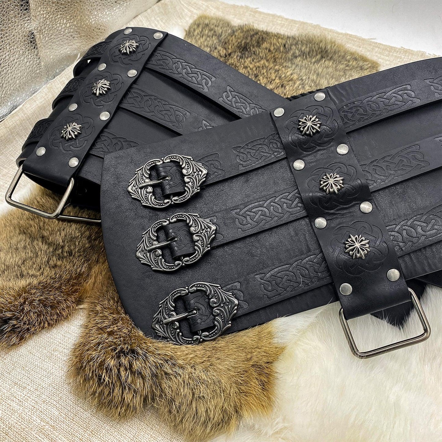 HiiFeuer Viking Embossed Waist Armor, Norse Faux Leather Wide Belt, Medieval Knight Corset Belt for LARP Costume