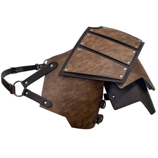 Medieval brown leather shoulder armor with metal rivets and adjustable straps for cosplay