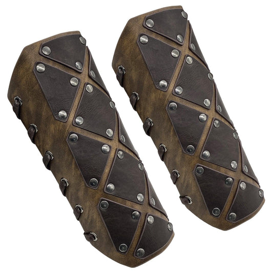 Medieval leather bracers with metal studs and crisscrossed brown accents, cosplay armor