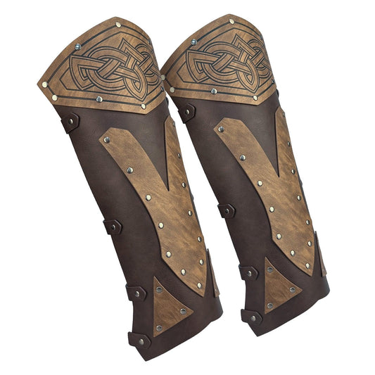 Pair of medieval Viking bracers with brown faux leather, metal studs, and Celtic knot detailing
