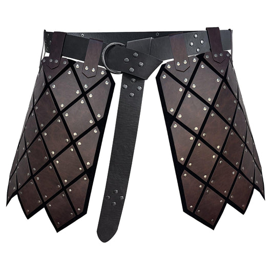 Medieval leather waist armor belt with brown riveted panels, cosplay costume accessory