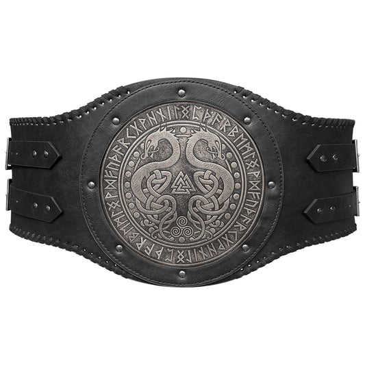 HiiFeuer Viking Embossed Double Dragon Waist Armor, Vintage Norse Faux Leather Wide Belt, Medieval Mercenary Corset Belt