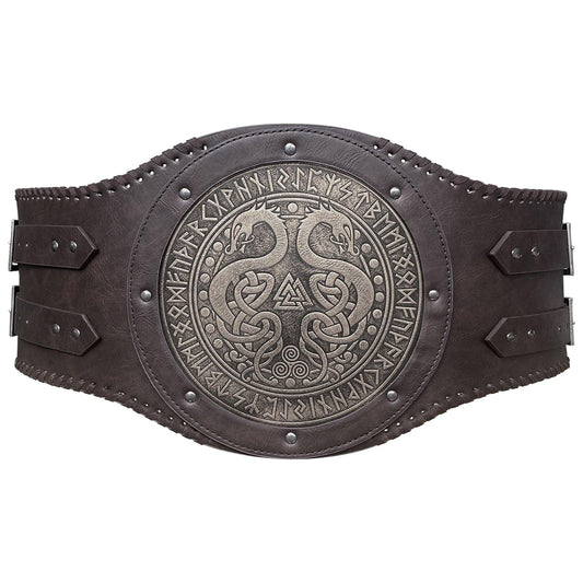 Viking cosplay belt with Norse rune engraving and intricate dragon design for medieval costume