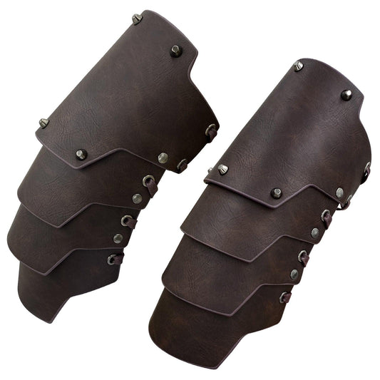 Pair of medieval brown layered faux leather armor bracers with rivet details