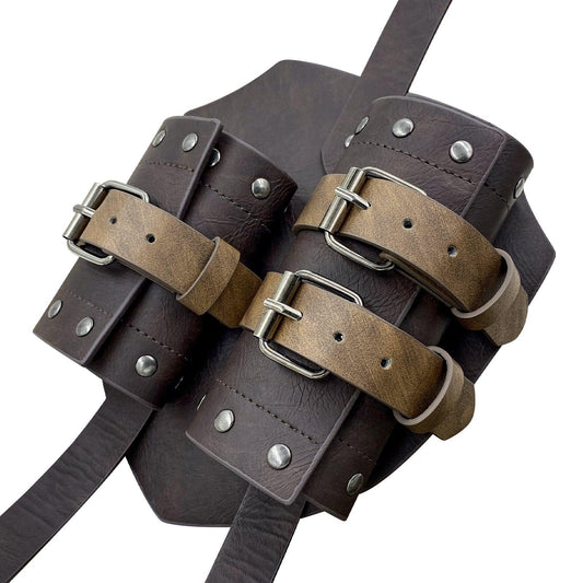 Medieval style brown leather arm bracer with straps and metal buckles for cosplay or costume