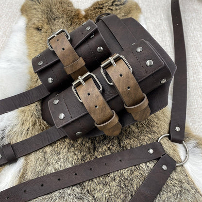 HiiFeuer Medieval Faux Leather Double Back Sword Frog, Mercenary Adjustable Sword Holster, Middle Ages Back Sword Holster