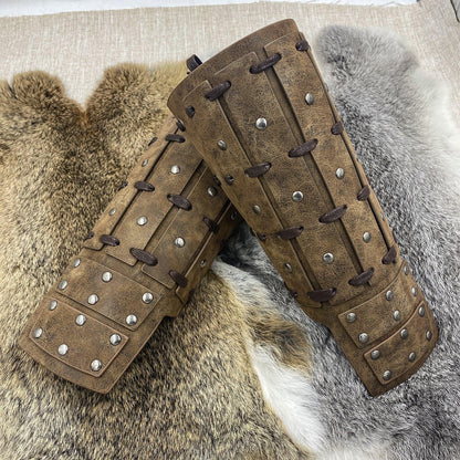 HiiFeuer Medieval Studded Faux Leather Bracers, Vintage Mercenary Arm Guards, Knight Archer Gauntlets for Ren Faire
