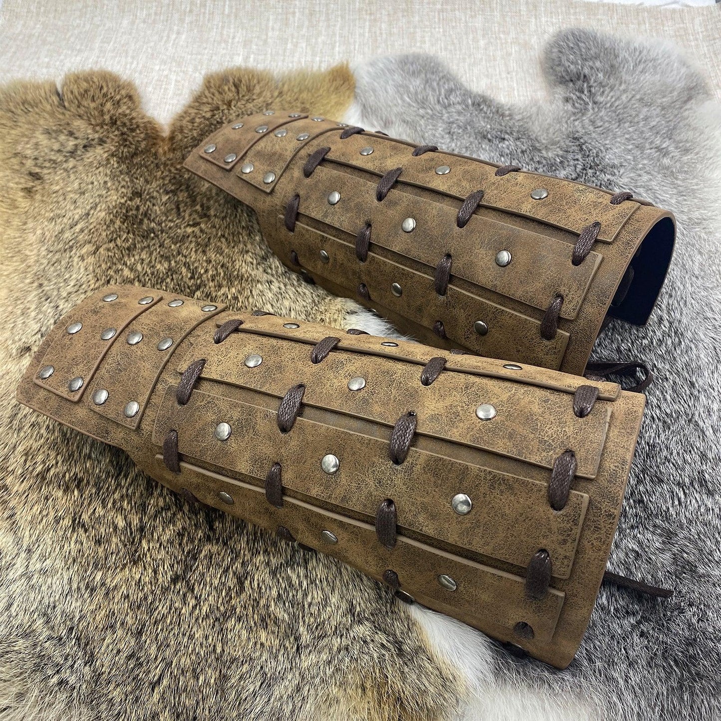 HiiFeuer Medieval Studded Faux Leather Bracers, Vintage Mercenary Arm Guards, Knight Archer Gauntlets for Ren Faire