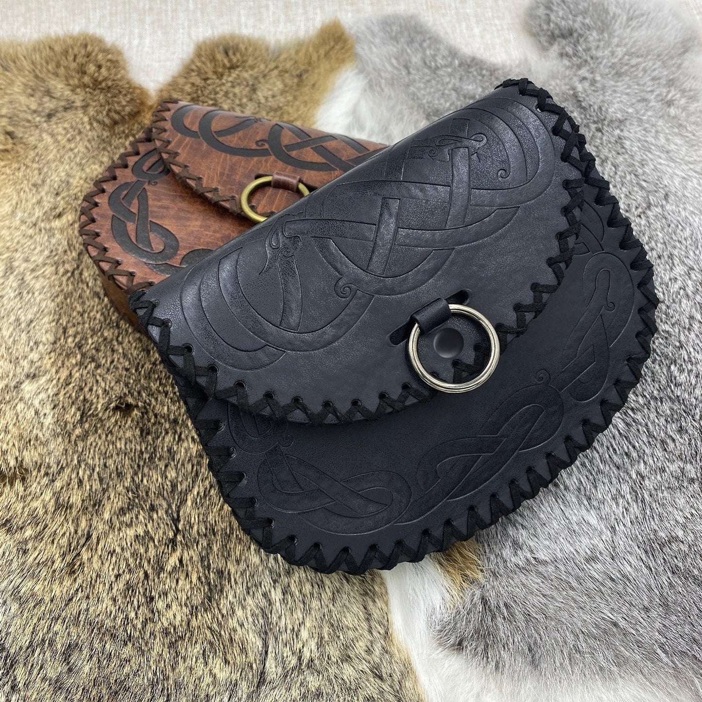 HiiFeuer Viking Embossed Belt Bag, Vintage Medieval Faux Leather Side Pack, Middle Ages Portable Belt Pouch For LARP Ren Faire
