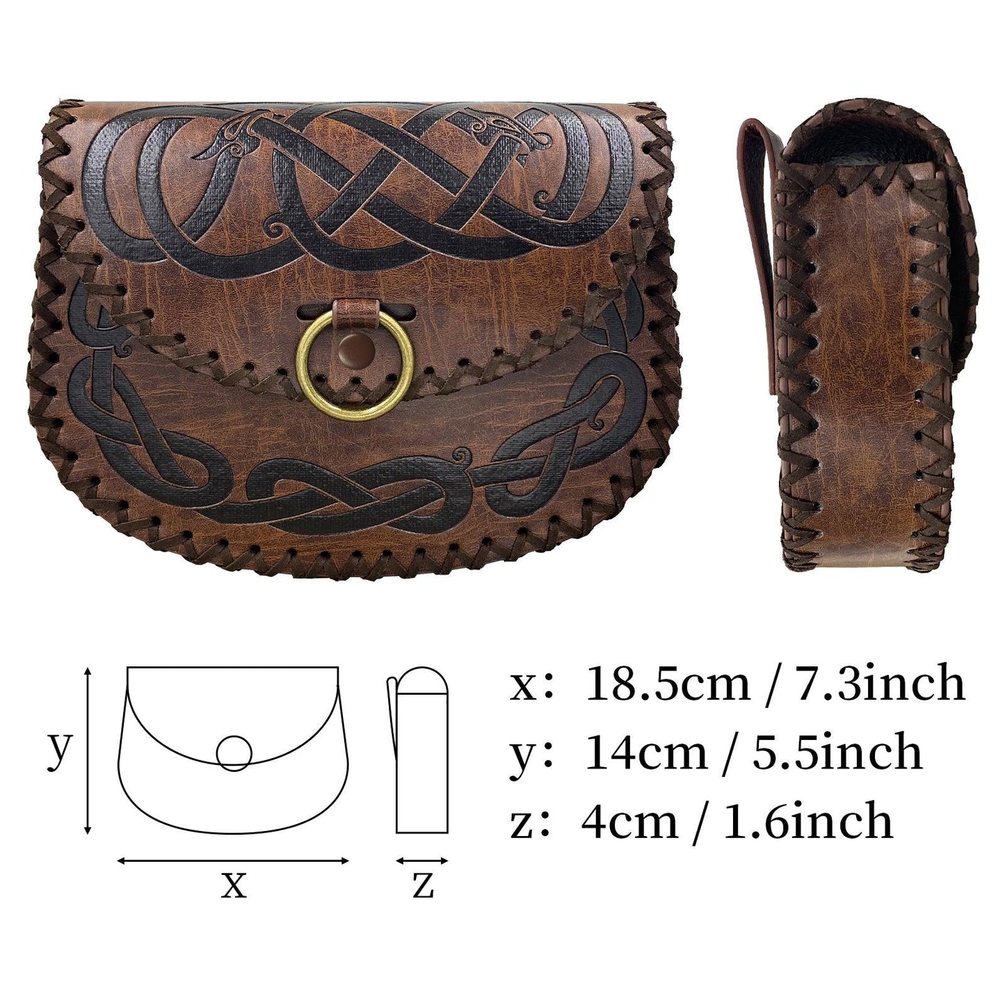 HiiFeuer Viking Embossed Belt Bag, Vintage Medieval Faux Leather Side Pack, Middle Ages Portable Belt Pouch For LARP Ren Faire