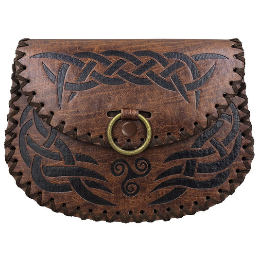 Medieval brown leather pouch with celtic knot designs and brass ring clasp