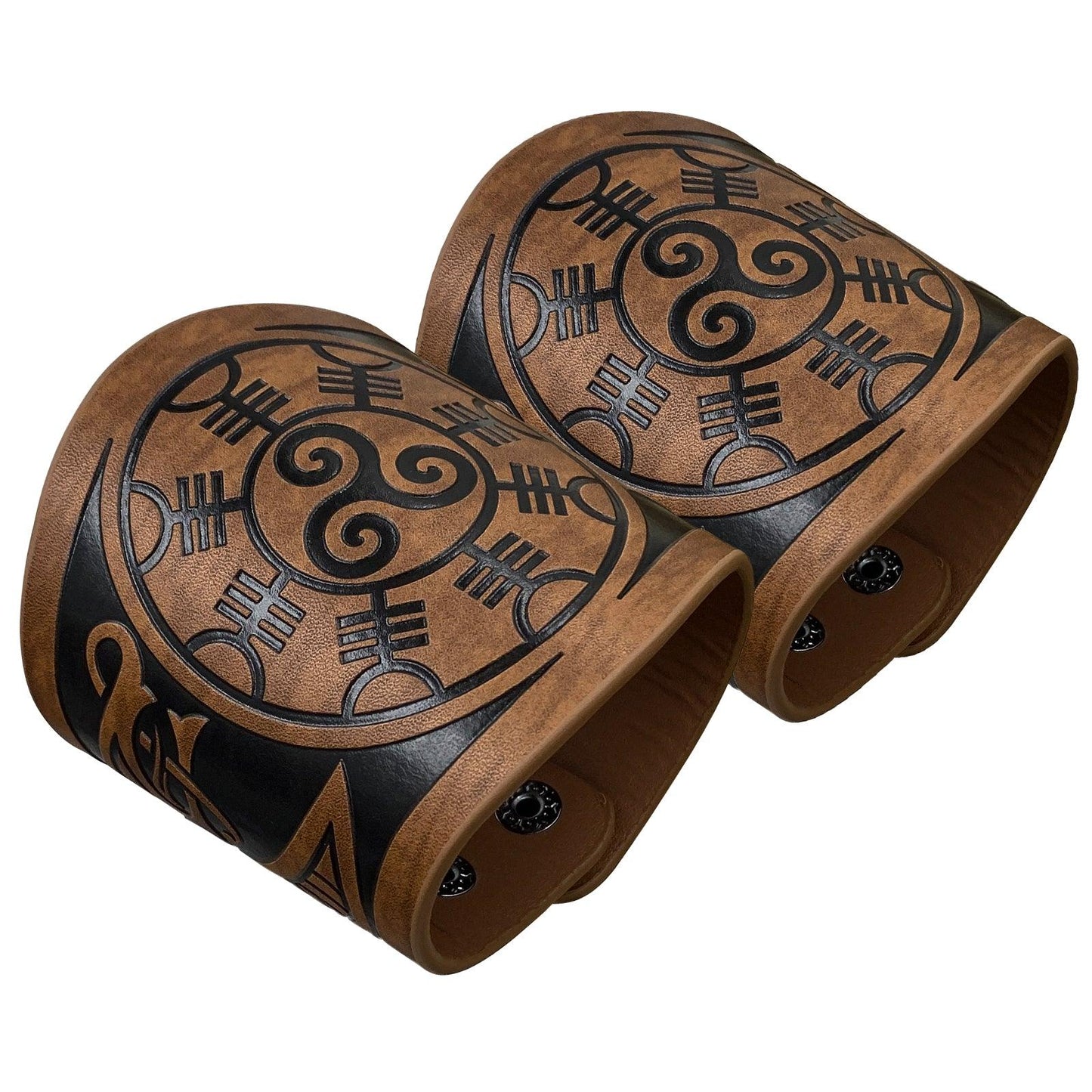 HiiFeuer 2 PCS Viking Embossed Faux Leather Cuff Bracelet, Norse Retro Wristband, Nordic Mjolnir Vegvisir Pattern Cuff Bangle Bracelet