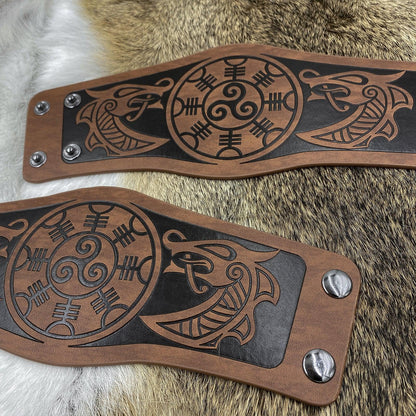 HiiFeuer 2 PCS Viking Embossed Faux Leather Cuff Bracelet, Norse Retro Wristband, Nordic Mjolnir Vegvisir Pattern Cuff Bangle Bracelet