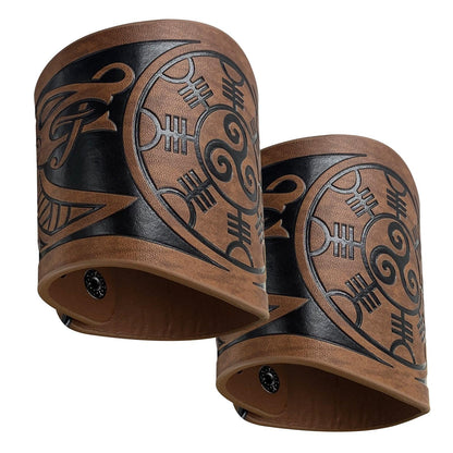 HiiFeuer 2 PCS Viking Embossed Faux Leather Cuff Bracelet, Norse Retro Wristband, Nordic Mjolnir Vegvisir Pattern Cuff Bangle Bracelet