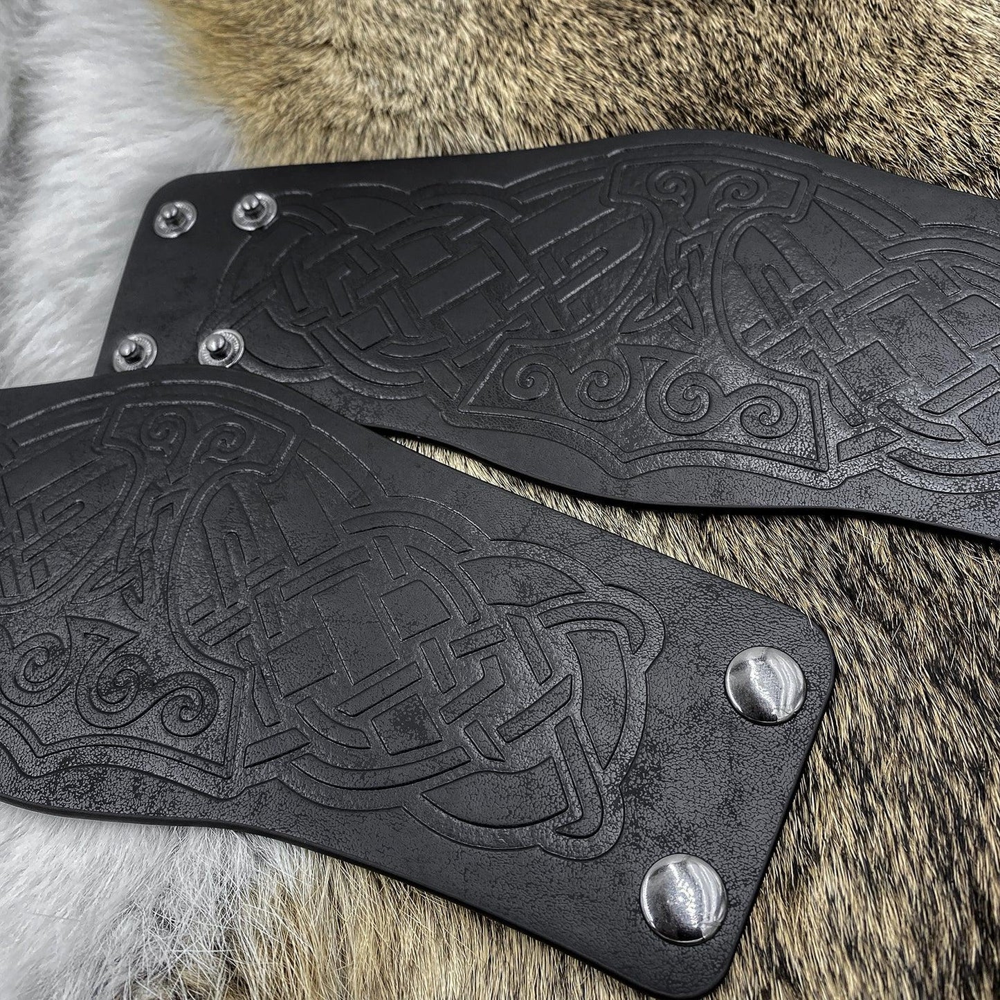 HiiFeuer 2 PCS Viking Embossed Faux Leather Cuff Bracelet, Norse Retro Wristband, Nordic Mjolnir Vegvisir Pattern Cuff Bangle Bracelet