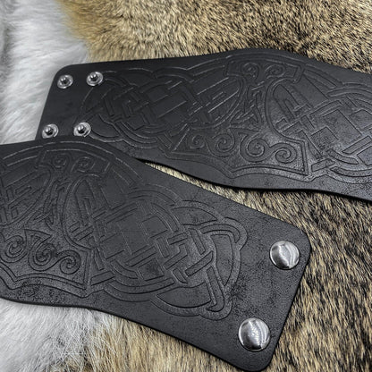 HiiFeuer 2 PCS Viking Embossed Faux Leather Cuff Bracelet, Norse Retro Wristband, Nordic Mjolnir Vegvisir Pattern Cuff Bangle Bracelet