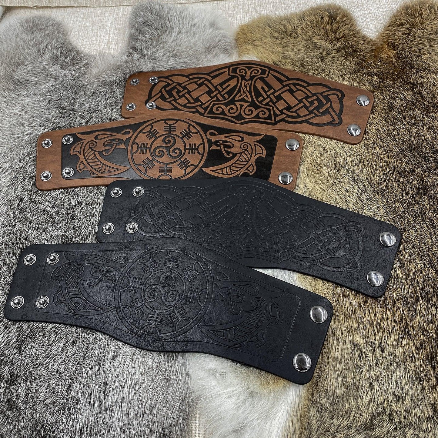 HiiFeuer 2 PCS Viking Embossed Faux Leather Cuff Bracelet, Norse Retro Wristband, Nordic Mjolnir Vegvisir Pattern Cuff Bangle Bracelet