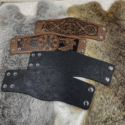 HiiFeuer 2 PCS Viking Embossed Faux Leather Cuff Bracelet, Norse Retro Wristband, Nordic Mjolnir Vegvisir Pattern Cuff Bangle Bracelet