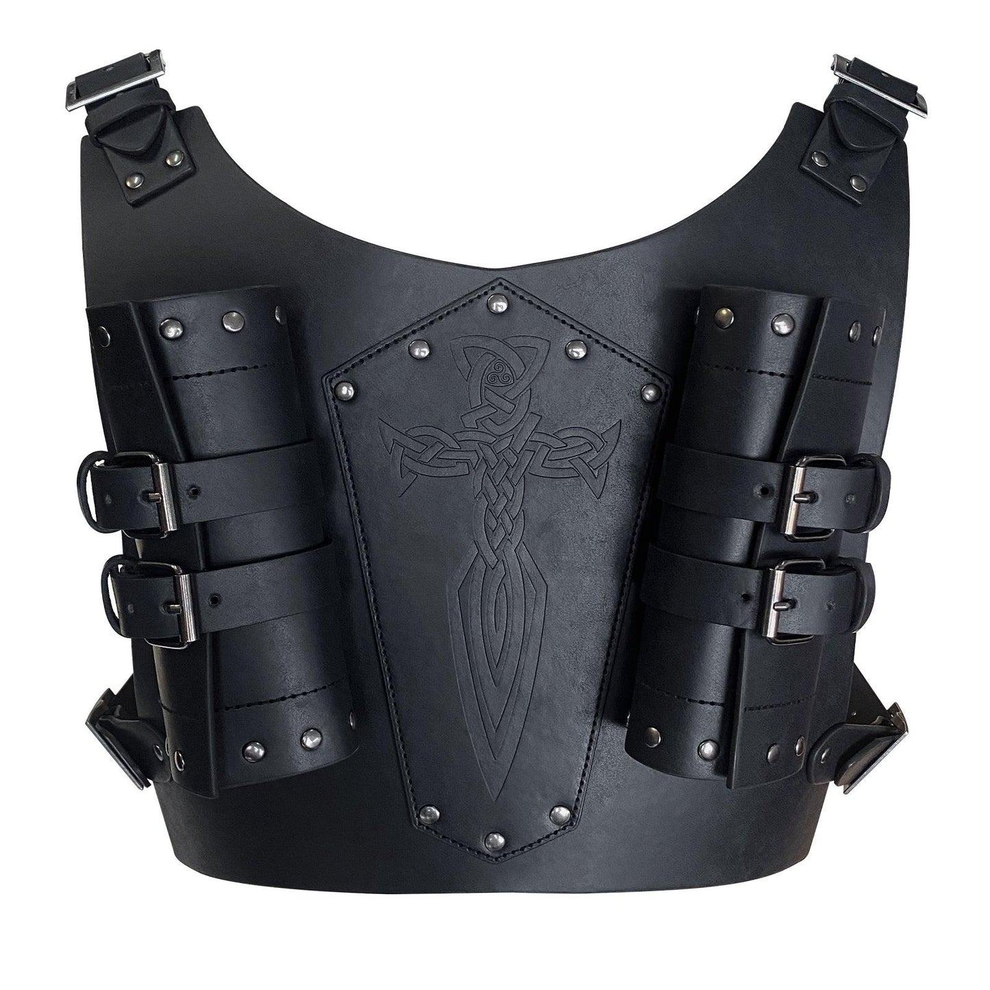 HiiFeuer Medieval Faux Leather Embossed Double Back Sword Frog, Adjustable Renaissance Knight Mercenary Sword Holster
