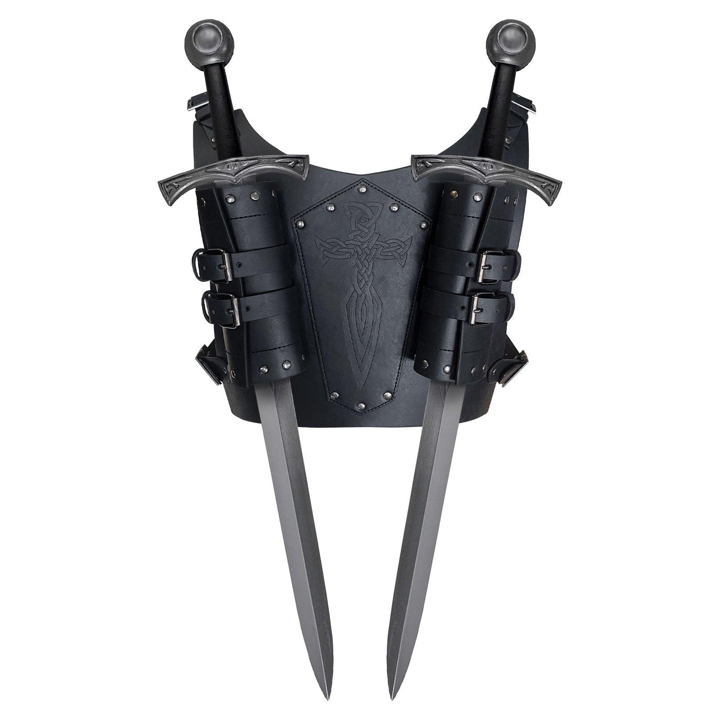 HiiFeuer Medieval Faux Leather Embossed Double Back Sword Frog, Adjustable Renaissance Knight Mercenary Sword Holster