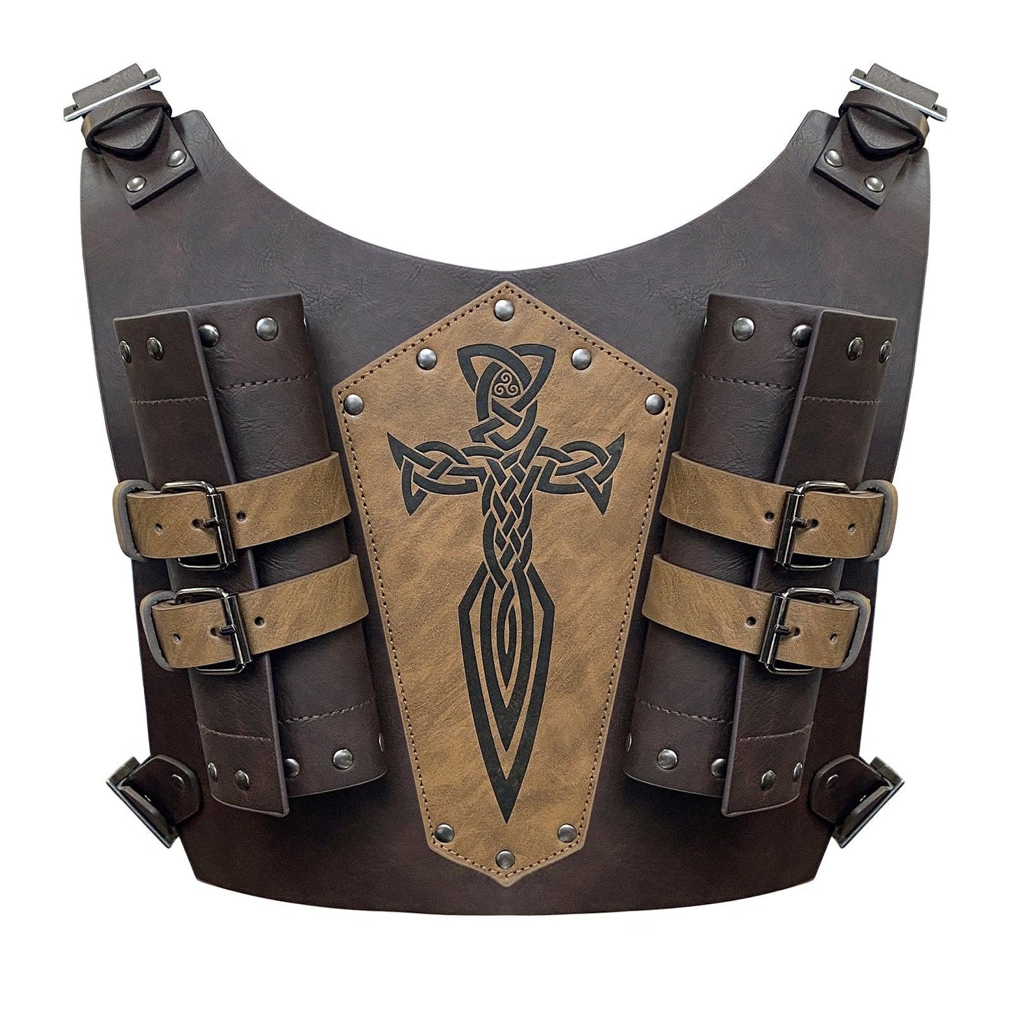 HiiFeuer Medieval Faux Leather Embossed Double Back Sword Frog, Adjustable Renaissance Knight Mercenary Sword Holster