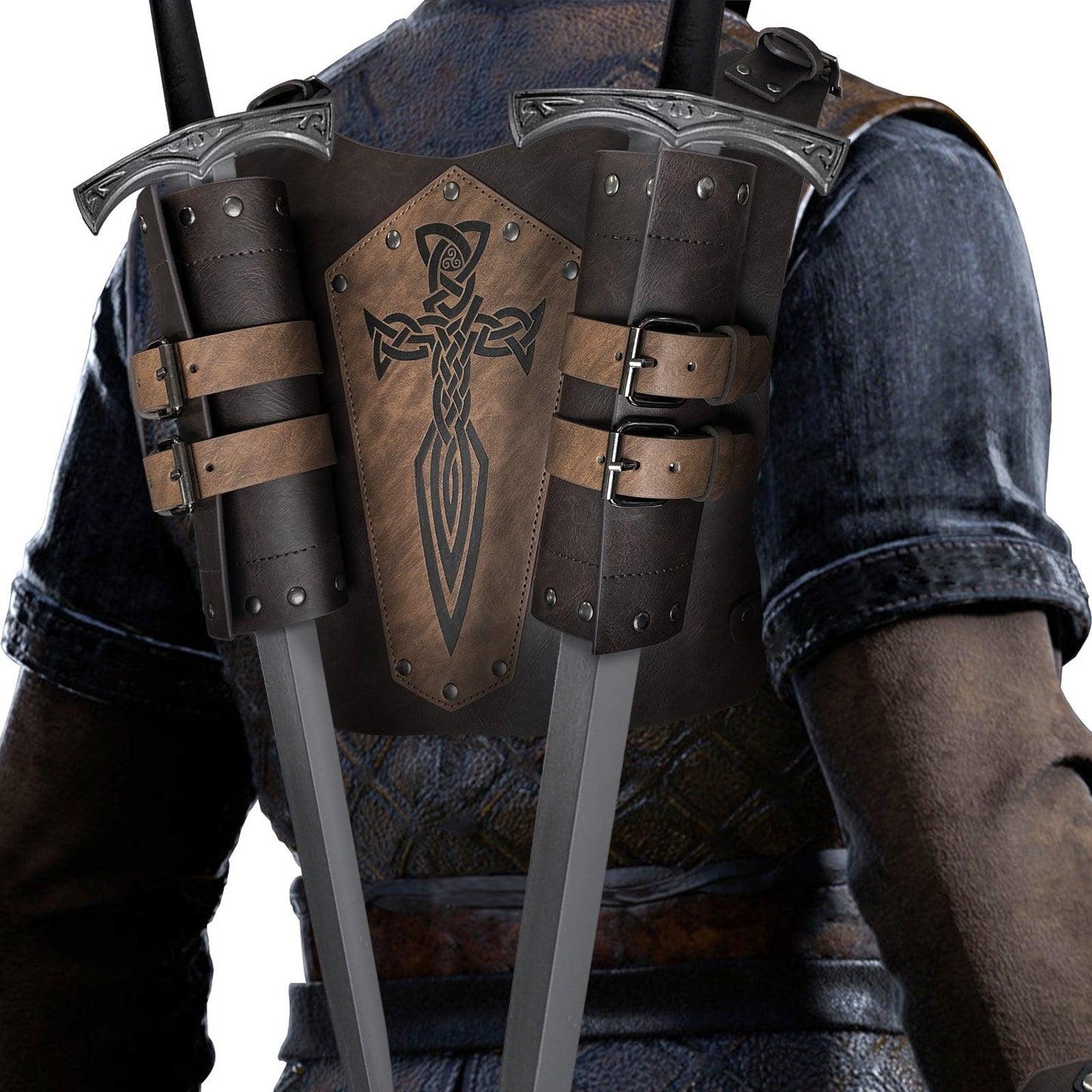 HiiFeuer Medieval Faux Leather Embossed Double Back Sword Frog, Adjustable Renaissance Knight Mercenary Sword Holster