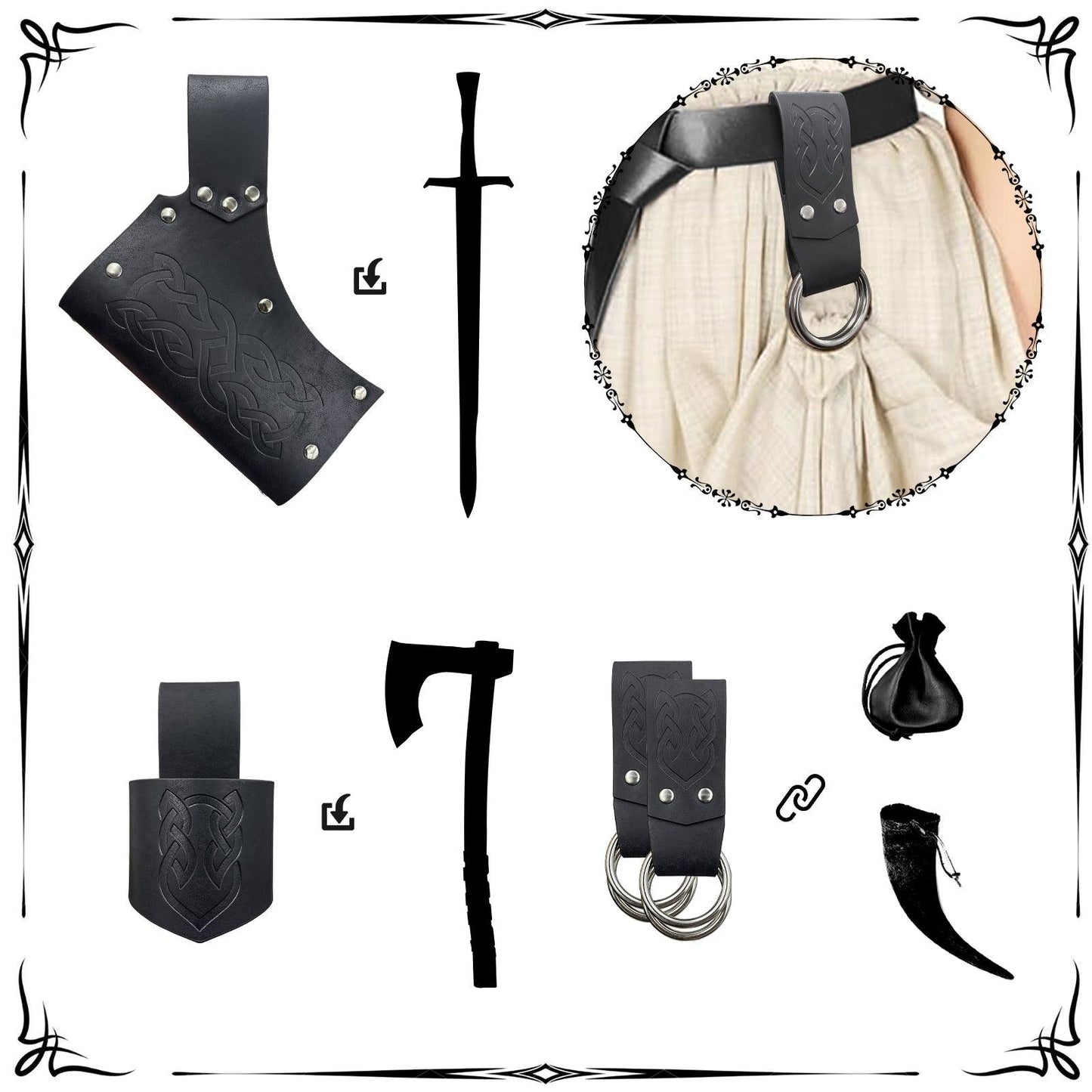 HiiFeuer 5 Pieces Medieval Belt Costume Accessories Renaissance Skirt Hike Viking Horn Belt Holster Dagger Holster Sword Frog
