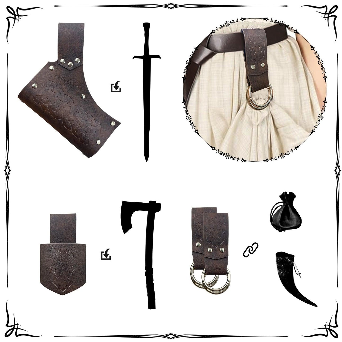 HiiFeuer 5 Pieces Medieval Belt Costume Accessories Renaissance Skirt Hike Viking Horn Belt Holster Dagger Holster Sword Frog