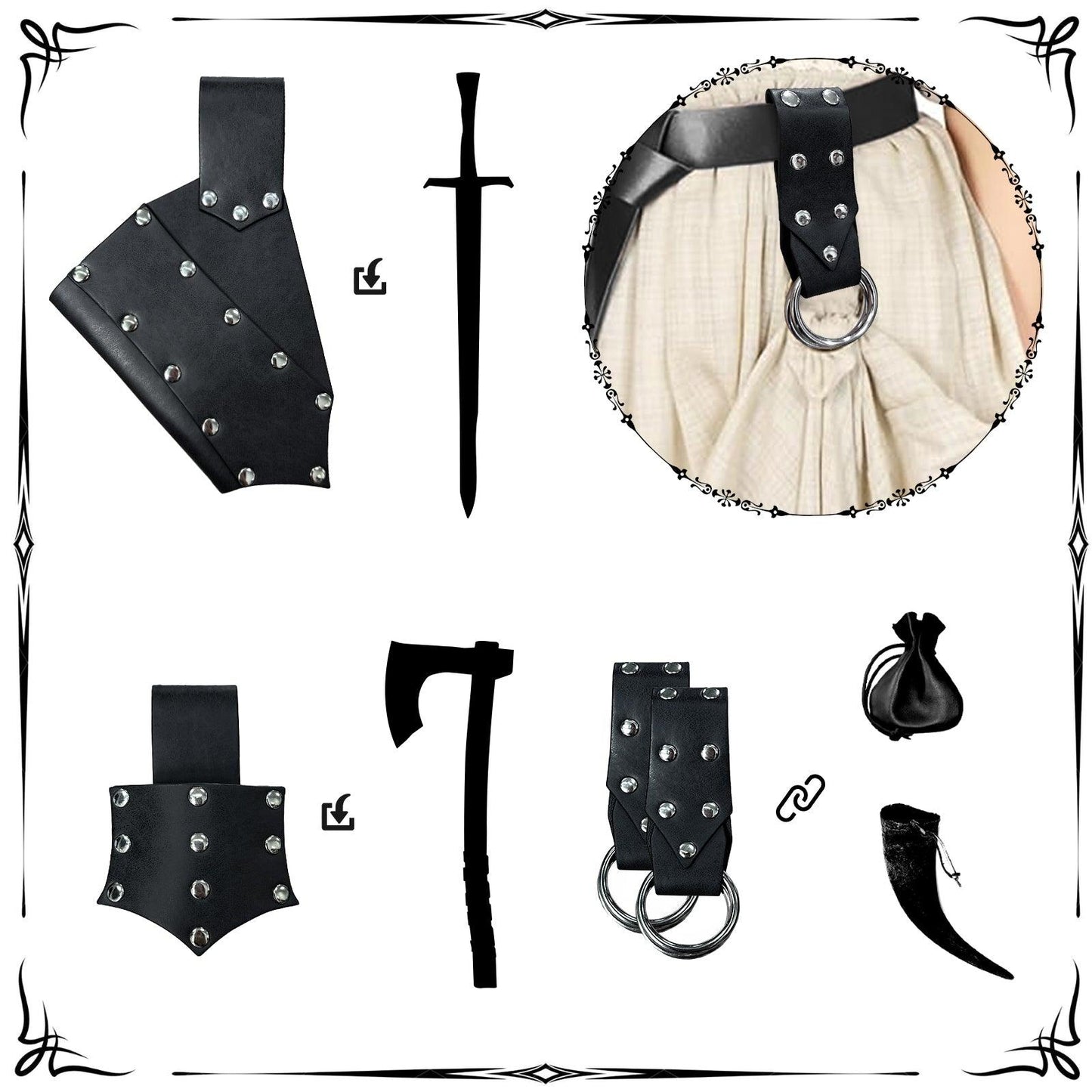 HiiFeuer 5 Pieces Medieval Belt Costume Accessories Renaissance Skirt Hike Viking Horn Belt Holster Dagger Holster Sword Frog
