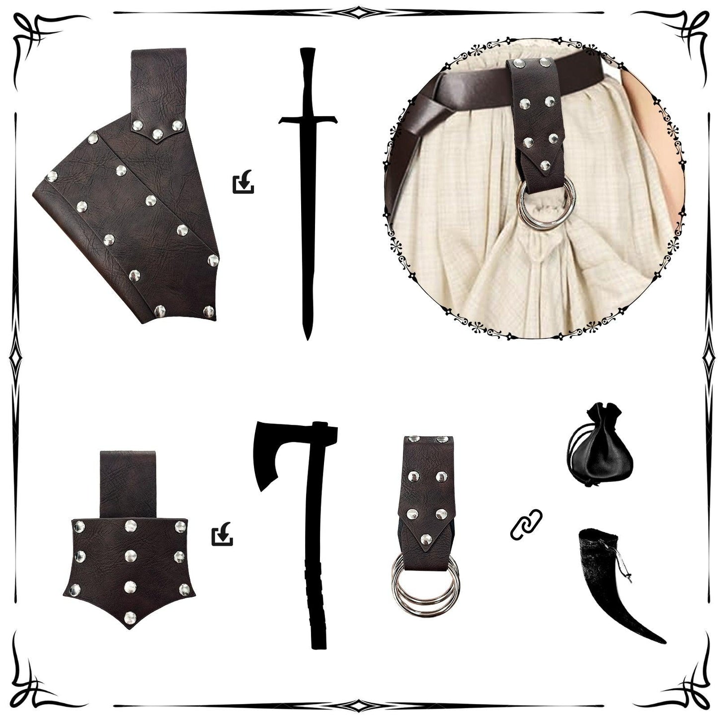 HiiFeuer 5 Pieces Medieval Belt Costume Accessories Renaissance Skirt Hike Viking Horn Belt Holster Dagger Holster Sword Frog