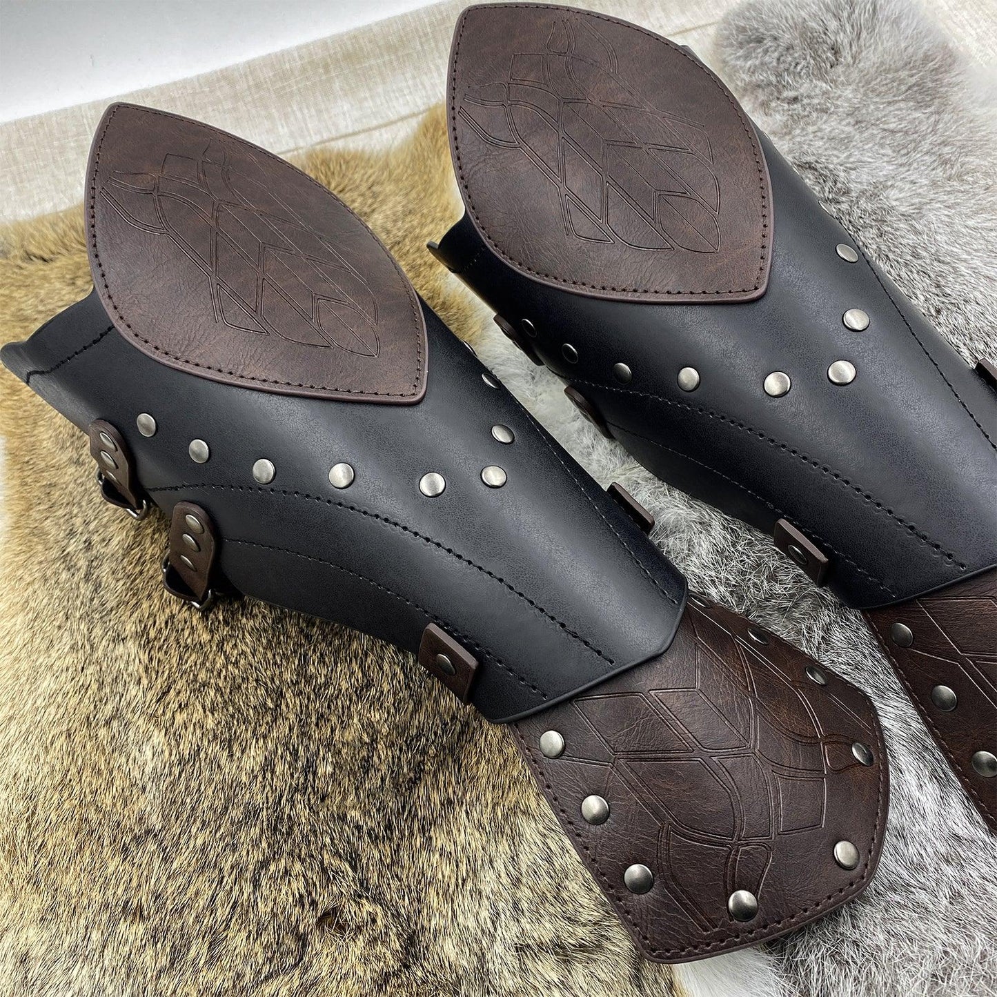 HiiFeuer Medieval Embossed Faux Leather Elf Arm Guards, Fantasy Cosplay Buckle Bracers, Knight Archer Gauntlets for LARP