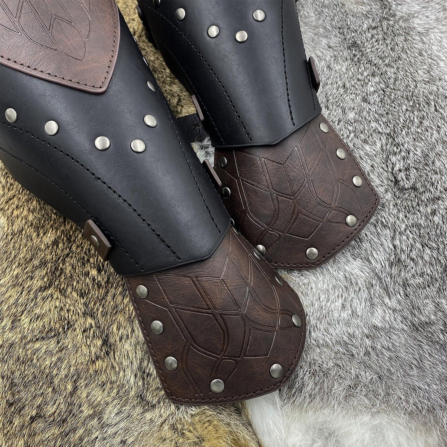 HiiFeuer Medieval Embossed Faux Leather Elf Arm Guards, Fantasy Cosplay Buckle Bracers, Knight Archer Gauntlets for LARP