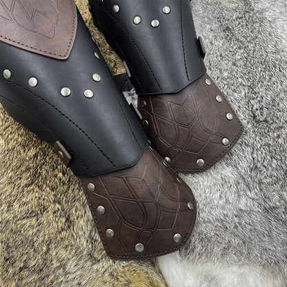 HiiFeuer Medieval Embossed Faux Leather Elf Arm Guards, Fantasy Cosplay Buckle Bracers, Knight Archer Gauntlets for LARP