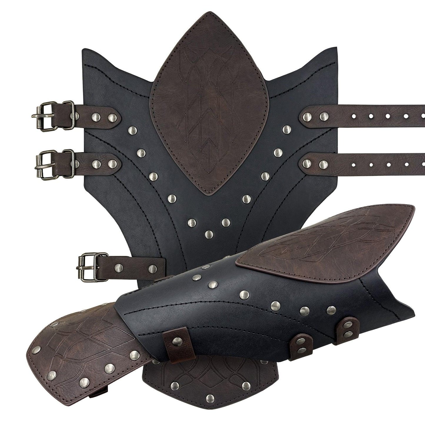 HiiFeuer Medieval Embossed Faux Leather Elf Arm Guards, Fantasy Cosplay Buckle Bracers, Knight Archer Gauntlets for LARP