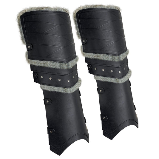 HiiFeuer Medieval Faux Leather Barbarian Leg Gaiters, Vintage Middle Ages Knight Leg Armor, Artificial Fur Shin Guards