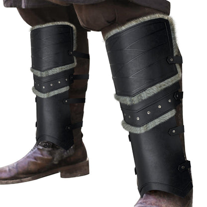 HiiFeuer Medieval Faux Leather Barbarian Leg Gaiters, Vintage Middle Ages Knight Leg Armor, Artificial Fur Shin Guards