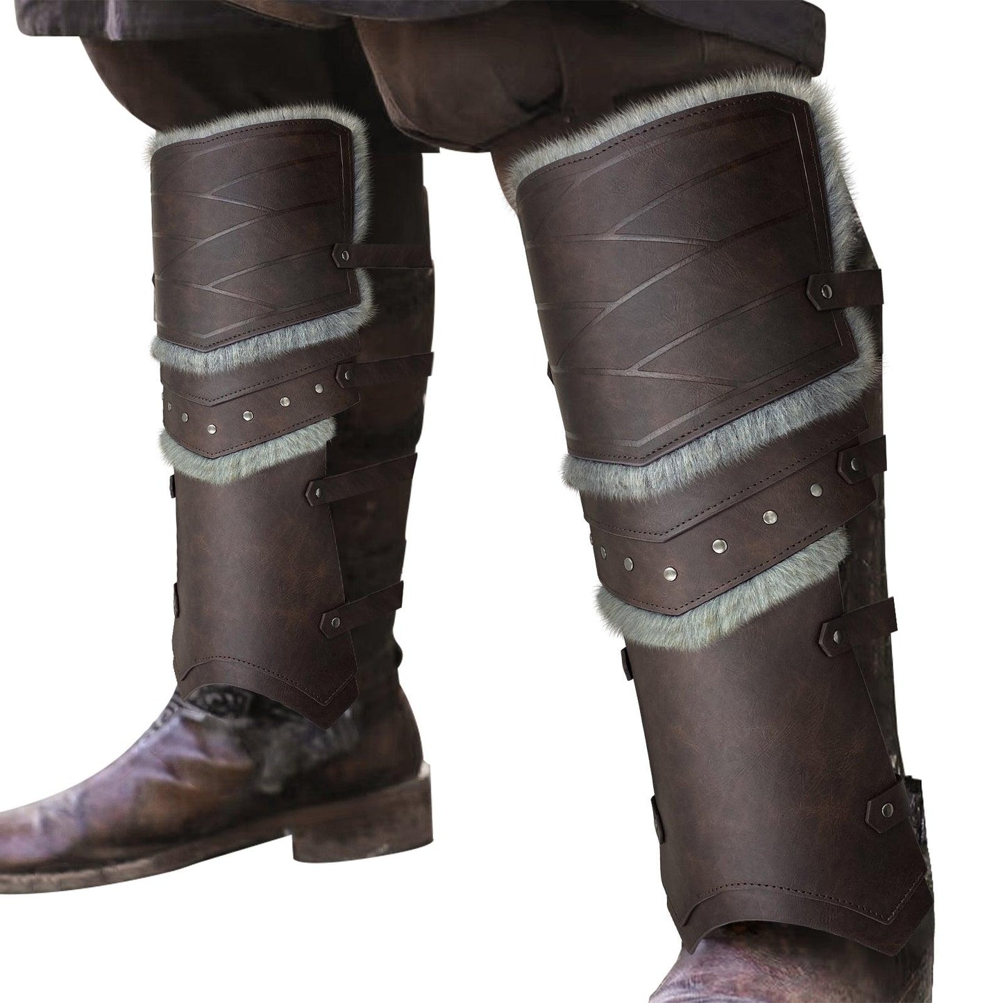 HiiFeuer Medieval Faux Leather Barbarian Leg Gaiters, Vintage Middle Ages Knight Leg Armor, Artificial Fur Shin Guards
