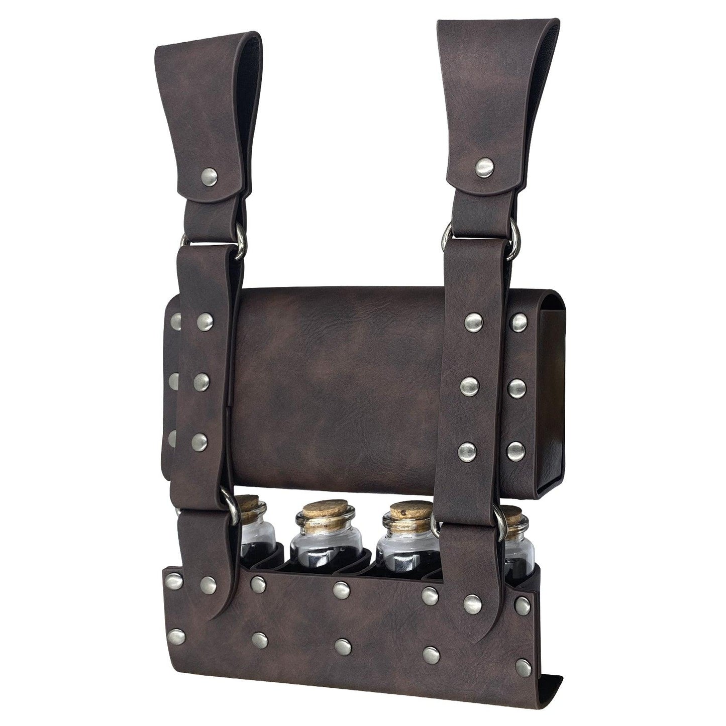 HiiFeuer Medieval Alchemy Faux Leather Belt Bag with 2 Cork Potion Vials, Fantasy Wizard Waist Pouch Side Pack for Ren Faire