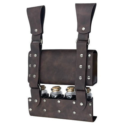 HiiFeuer Medieval Alchemy Faux Leather Belt Bag with 2 Cork Potion Vials, Fantasy Wizard Waist Pouch Side Pack for Ren Faire