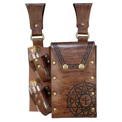 HiiFeuer Medieval Alchemy Faux Leather Belt Bag with 2 Cork Potion Vials, Fantasy Wizard Waist Pouch Side Pack for Ren Faire