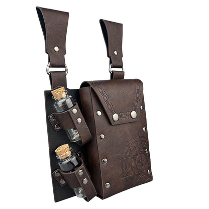 HiiFeuer Medieval Alchemy Faux Leather Belt Bag with 2 Cork Potion Vials, Fantasy Wizard Waist Pouch Side Pack for Ren Faire