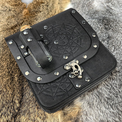 HiiFeuer Medieval Alchemy Faux Leather Belt Bag with 2 Cork Potion Vials, Fantasy Wizard Waist Pouch Side Pack for Ren Faire