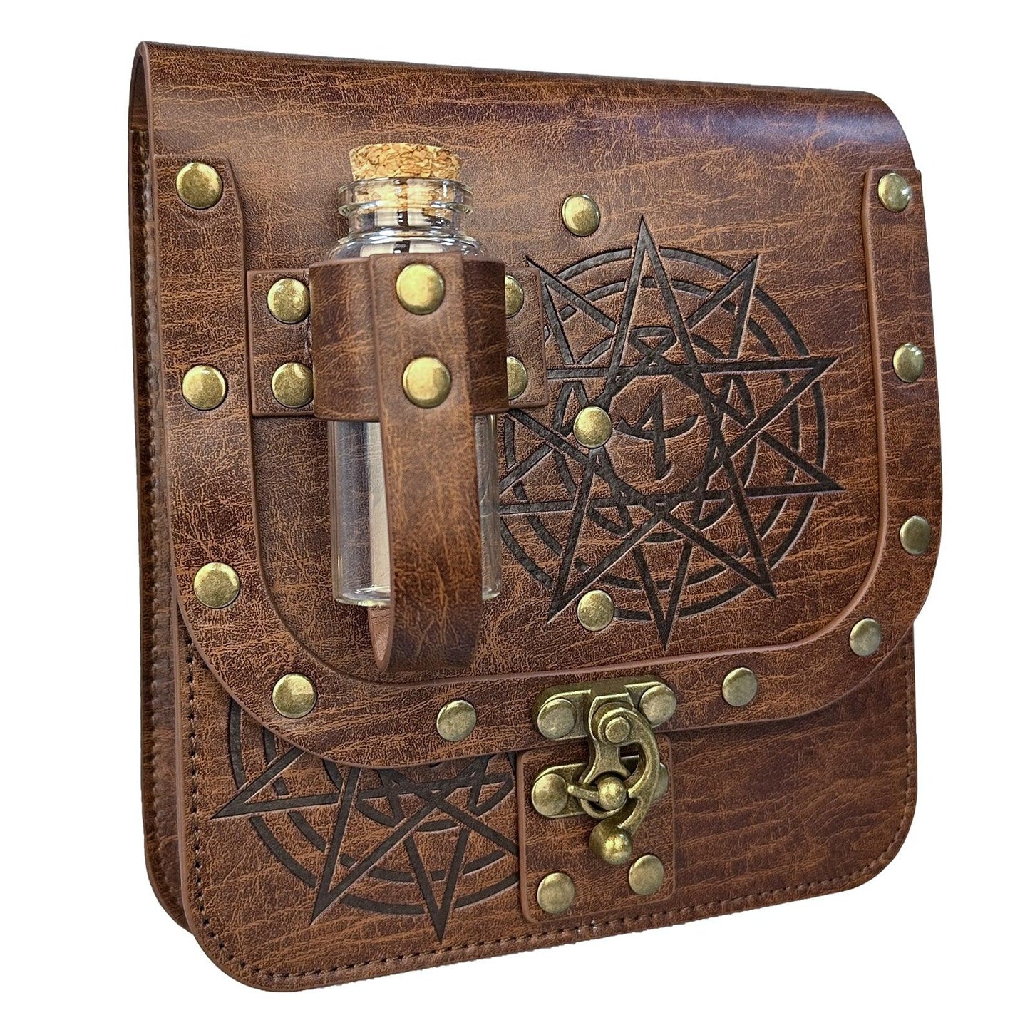 HiiFeuer Medieval Alchemy Faux Leather Belt Bag with 2 Cork Potion Vials, Fantasy Wizard Waist Pouch Side Pack for Ren Faire