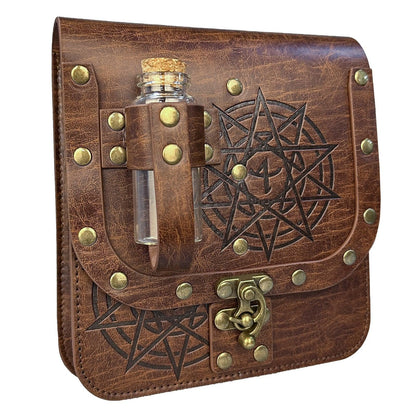 HiiFeuer Medieval Alchemy Faux Leather Belt Bag with 2 Cork Potion Vials, Fantasy Wizard Waist Pouch Side Pack for Ren Faire