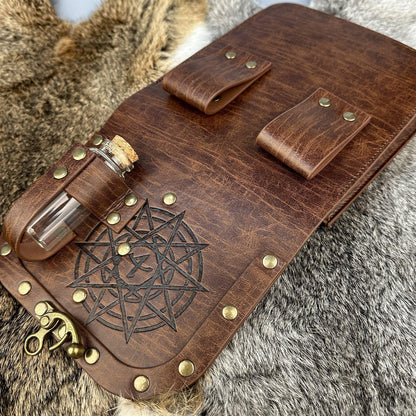 HiiFeuer Medieval Alchemy Faux Leather Belt Bag with 2 Cork Potion Vials, Fantasy Wizard Waist Pouch Side Pack for Ren Faire